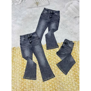 Quần Jeans Nữ Lưng Cao Ống Loe Màu xám Thêu Lai Co Giãn