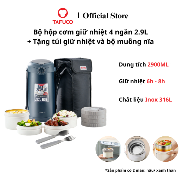 Hộp Cơm Giữ Nhiệt TAFUCO Inox 316L 2.9L Cao Cấp 4 Tầng, Hộp Đựng Cơm Văn Phòng, Tặng Set Muỗng Nĩa + Túi Giữ Nhiệt