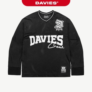 Áo phông dài tay nam nữ thun lưới DAVIES form rộng cổ V hoạ tiết hình in phối logo thêu màu đen Crew Jersey  |D-T46