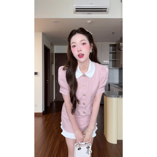 Set đồ nữ hồng pastel áo cổ bẻ tay ngắn + chân váy ngắn viền bèo HB.Studio S84
