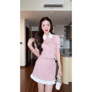 Set đồ nữ hồng pastel áo cổ bẻ tay ngắn + chân váy ngắn viền bèo HB.Studio S84