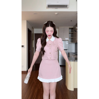 Set đồ nữ hồng pastel áo cổ bẻ tay ngắn + chân váy ngắn viền bèo HB.Studio S84