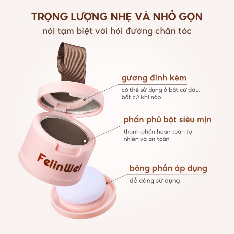 FelinWel Phấn Che Hói Tóc & Chân Tóc 4g - Bộ Đầy Đủ Có Gương, Bông, Che Phủ Tự Nhiên