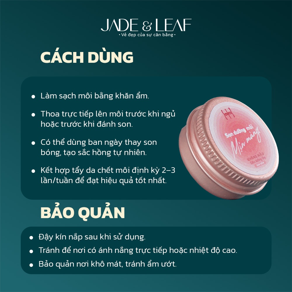 Son Dưỡng Môi Không Màu Jade&Leaf, Dành Cho Môi Khô Nứt nẻ, Làm Mềm Mịn Môi, Thành Phần Thiên Nhiên