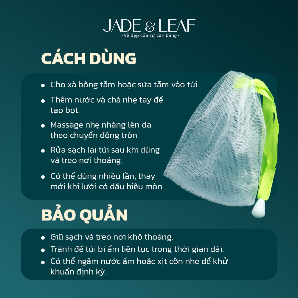 Túi Lưới Tạo Bọt Jade&Leaf Cao Cấp Túi Đựng Xà Phòng Xà Bông Tắm Có Dây Rút Tiện Lợi Dày Dặn