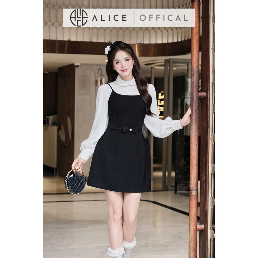 Set Váy Tiểu Thư Alice Áo Chất Tằm Hàn Mềm Mịn Phối Váy Yếm Chéo Rubi Dáng Chữ A Ngắn, Đính Nơ Eo Nữ Tính S1023