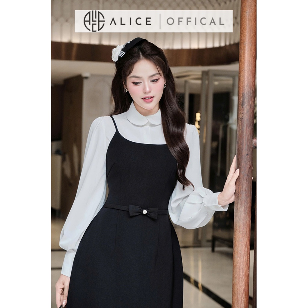 Set Váy Tiểu Thư Alice Áo Chất Tằm Hàn Mềm Mịn Phối Váy Yếm Chéo Rubi Dáng Chữ A Ngắn, Đính Nơ Eo Nữ Tính S1023