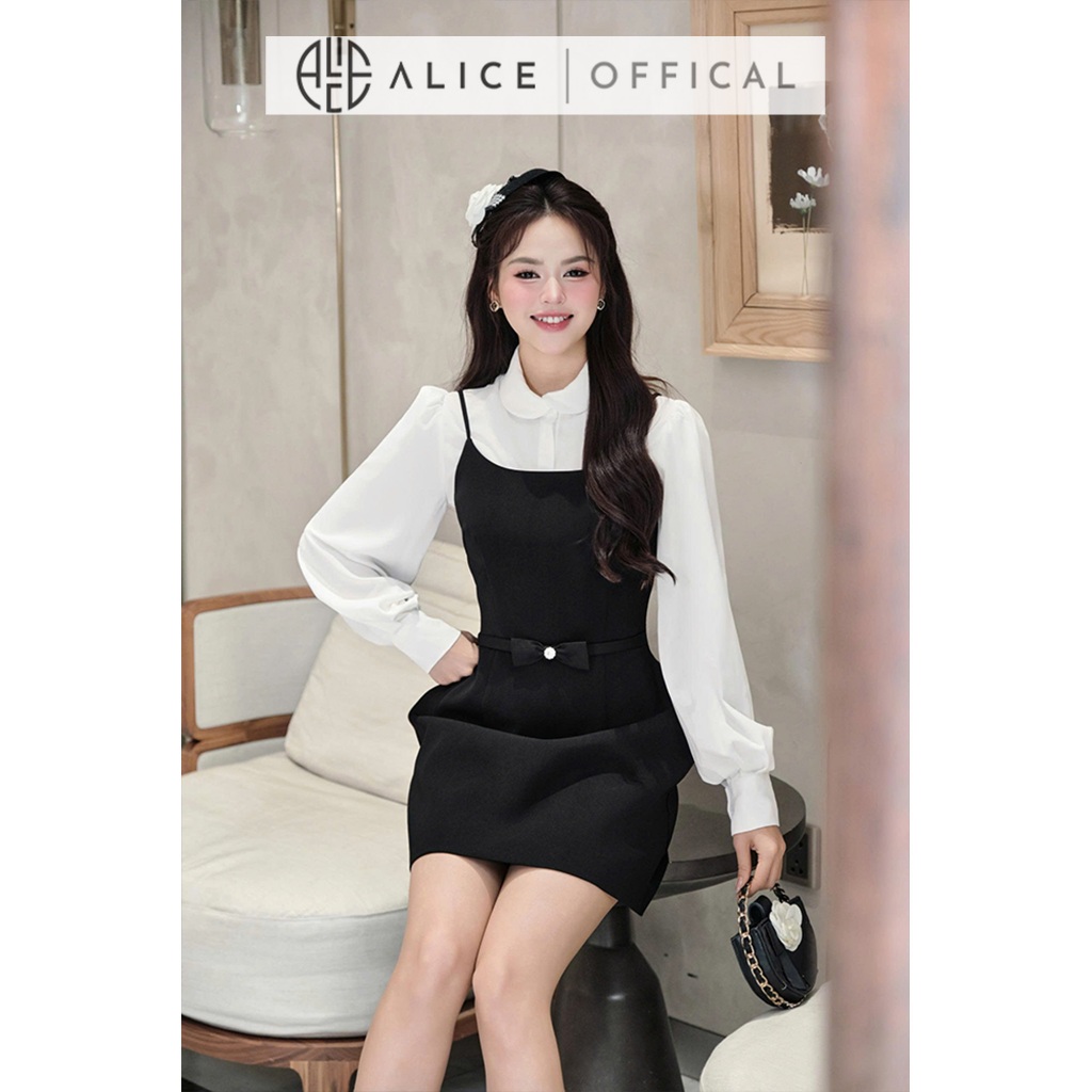Set Váy Tiểu Thư Alice Áo Chất Tằm Hàn Mềm Mịn Phối Váy Yếm Chéo Rubi Dáng Chữ A Ngắn, Đính Nơ Eo Nữ Tính S1023