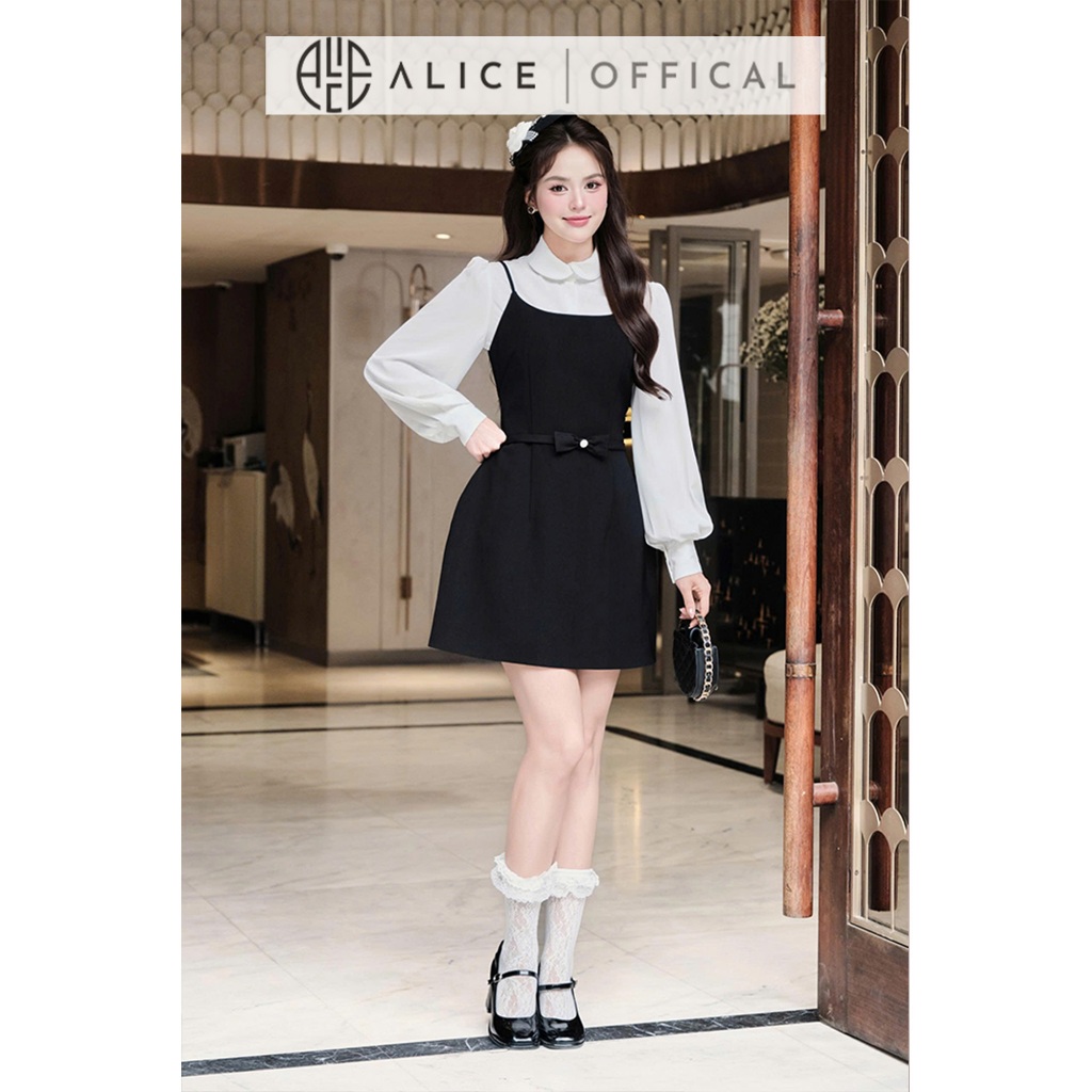 Set Váy Tiểu Thư Alice Áo Chất Tằm Hàn Mềm Mịn Phối Váy Yếm Chéo Rubi Dáng Chữ A Ngắn, Đính Nơ Eo Nữ Tính S1023