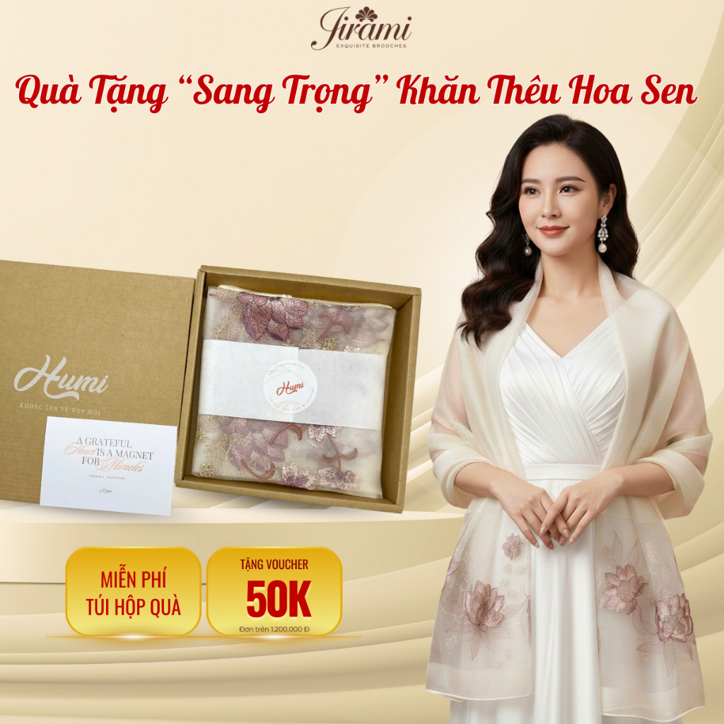 Quà Tặng Khăn Choàng Lụa Tơ Thêu Hoa Sen JiRAMI Quà Tặng Bà, Tặng Mẹ Sang Trọng Ngày Lễ 8/3 20/10