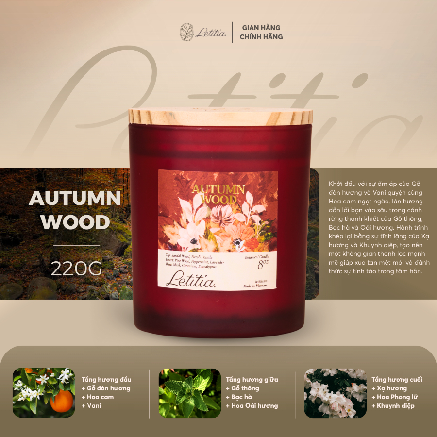 Nến Thơm Cao Cấp Letitia Autumn Wood - Hương Gỗ Sang Trọng, Giúp Thư Giãn, Giảm Stress, Dễ Ngủ