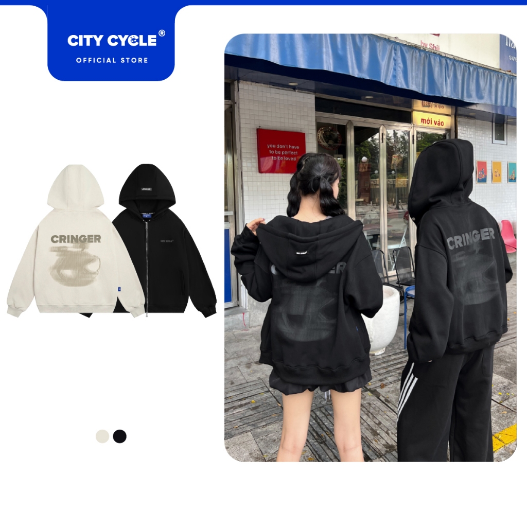 Áo khoác hoodie zip nam nữ nỉ mũ 2 lớp boxy Local Brand Chính Hãng City Cycle Áo Khoác Hoodie zip Blur Mood