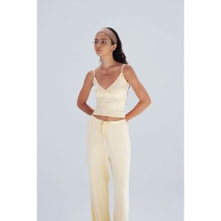 THEKIM SET LẺ Áo 2 dây cổ V ( không mút ) và quần dài ống suông phối dây rút chất liệu rib cotton mềm mịn CS360363