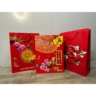 Túi đựng quà, Túi giấy kraft cao cấp đủ cỡ , TÚI QUÀ XI MĂNG CÓ QUAI IN HOẠ TIẾT, Túi Giấy Năm Mới