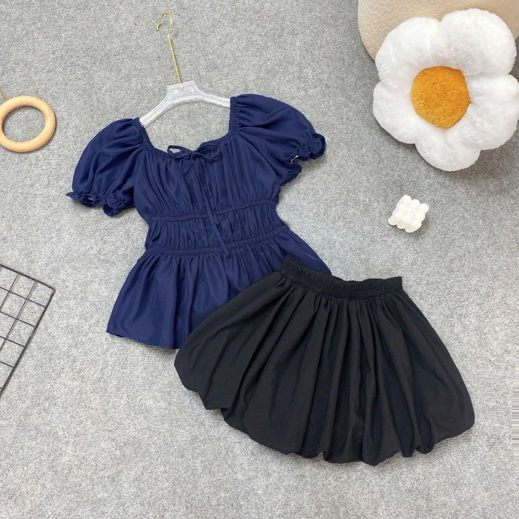 [Peinn] SET Áo Váy Bigsize Nữ Áo Babydoll Dáng Peplum Kèm Chân Váy Bí Có Quần Bảo Hộ A282-CV413/CV423