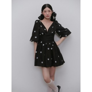 Đầm OLV hoa tay lỡ cổ V thanh lịch Black Chiffon Floral V Neck Mini Dress phù hợp đi chơi đi tiệc