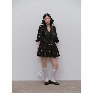 Đầm OLV hoa tay lỡ cổ V thanh lịch Black Chiffon Floral V Neck Mini Dress phù hợp đi chơi đi tiệc