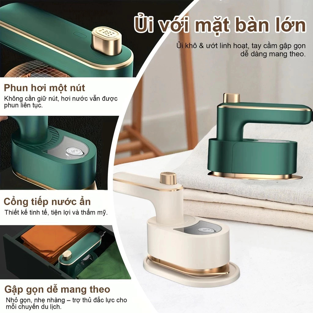 Bàn ủi hơi nước cầm tay dung tích lớn phù hợp với mọi loại vải. Bàn ủi đứng và treo, tay cầm xoay được. Phù hợp cho gia