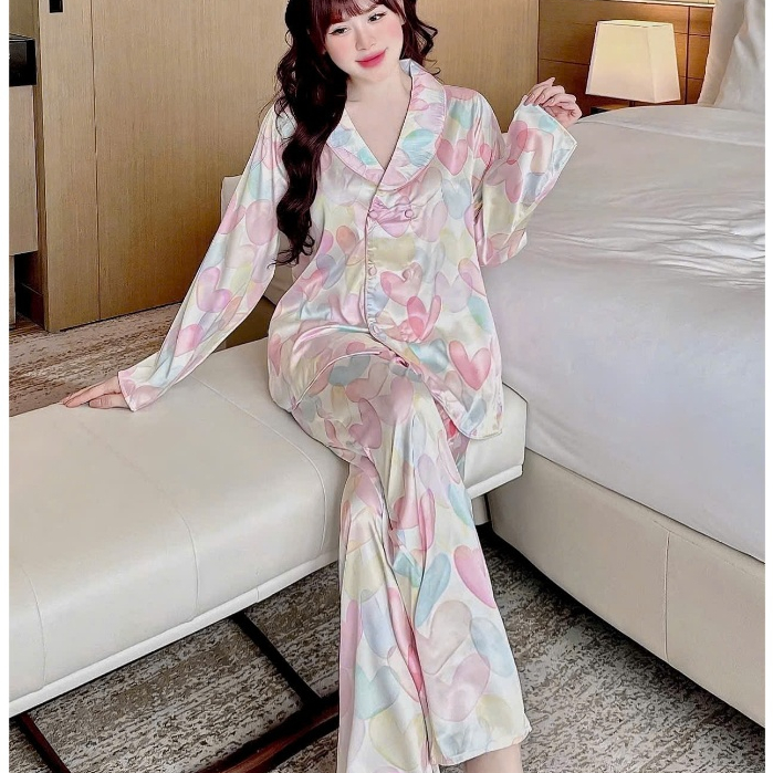 Đồ ngủ lụa lạnh cao cấp, đồ bộ nữ đồ mặc nhà, đồ ngủ nút bọc, pijama mặc nhà họa tiết tiểu thư [380]