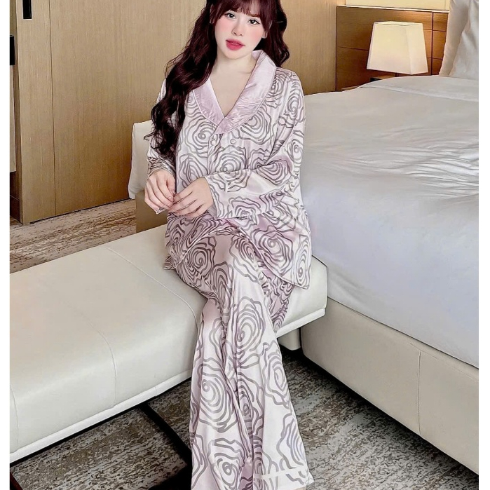 Đồ ngủ lụa lạnh cao cấp, đồ bộ nữ đồ mặc nhà, đồ ngủ nút bọc, pijama mặc nhà họa tiết tiểu thư [380]
