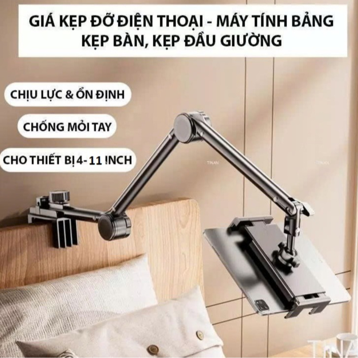 Giá đỡ điện thoại, ipad kẹp đầu giường, cạnh bàn hợp kim nhôm xoay 360 độ di động chịu lực chắc chắc, chống rung