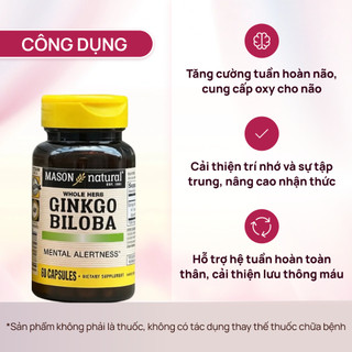 Viên uống bổ não Ginkgo Biloba Mason Natural hộp 60 viên tăng tuần hoàn máu não tăng cường trí nhớ