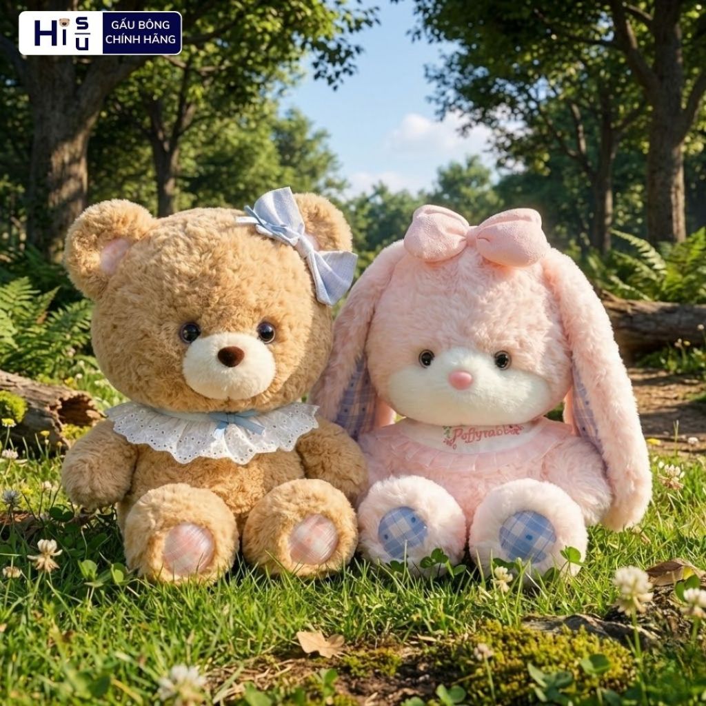 Bộ Đôi Gấu Bông Thỏ Hồng Và Gấu Teddy Nâu Lông Xù Mắt Sao Dễ Thương Làm Quà Tặng Sinh Nhật Cho Bạn Gái, Cho Bé