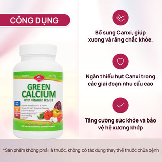 Viên uống canxi hữu cơ cho cơ thể Olympian Labs Green Calcium with Vitamin K2/D3 hộp 100 viên