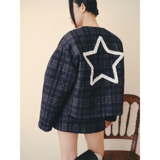 Set OLV áo khoác chần bông và chân váy ngắn Navy Kate Plaid Long Sleeves Set phù hợp thu đông