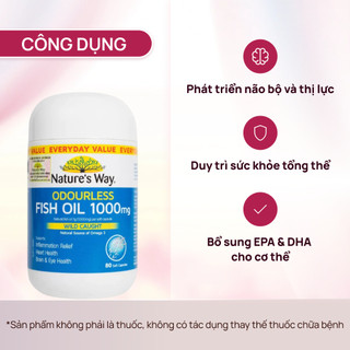 Viên uống dầu cá Nature’s Way Odourless Fish Oil 1000mg hỗ trợ tốt cho mắt và não không mùi hộp 80 viên