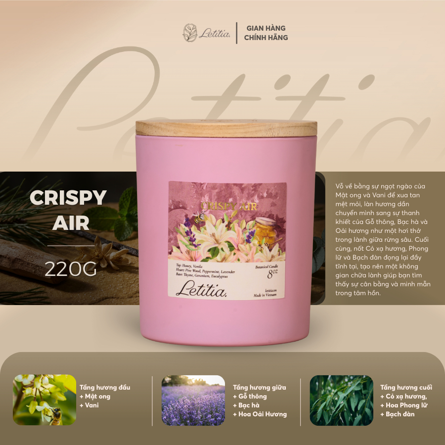 Nến Thơm Cao Cấp Letitia Crispy Air - Hương Mật ong & Vani Giúp Thư Giãn 3 Size 130gr/220gr/300gr