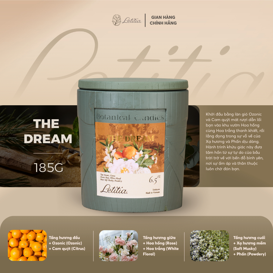 Nến Thơm Cao Cấp Letitia Hương The Dream Giúp Thư Giãn, Ngủ Ngon Size 185g