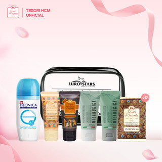 Travel set du lịch Combo Dầu gội xả Milanogica 25ml & Sữa tắm Tesori 25ml & Dưỡng thể Tesori 20ml & Lăn khử mùi Deonica
