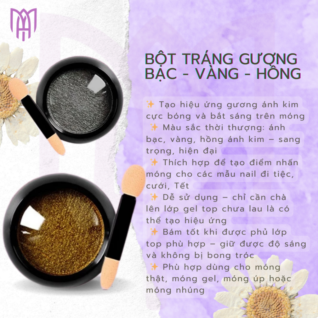 [Mua5Tặng1] Bột Chà Tráng Gương Metal Ánh Kim MCB Mirror Powder - Vàng, Hồng, Bạc - 0,5g