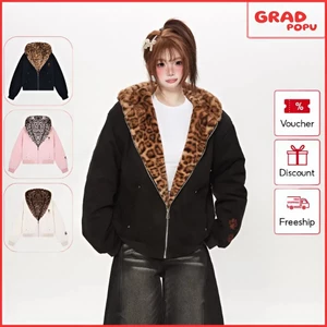 Áo khoác GRADPOPU dày dặn có mũ tai nhung đáng yêu họa tiết da báo độc đáo và siêu dễ thương AK649