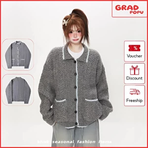 Áo khoác len nữ GRADPOPU dáng rộng cổ bẻ màu xám đa năng độc đáo và tinh tế kiểu Hàn Quốc AK659