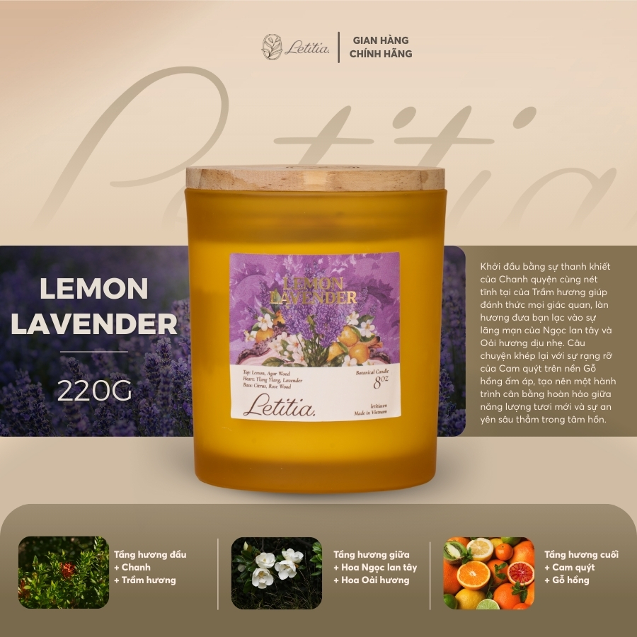 Nến Thơm Letitia Cao Cấp Hương Lavender hoa Oải Hương Giúp Thư Giãn, Dễ Chịu, Làm Quà Tặng