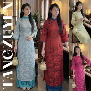 Áo dài cách tân dáng ôm phối cổ cúc tay lỡ lụa gấm phối viền + Quần dài ống rộng mặc đi chơi lễ tết truyền thống T1448G