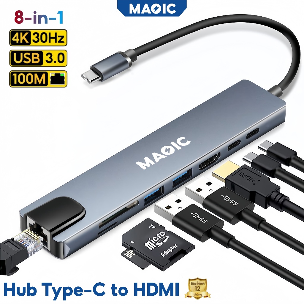 Hub Type-C hub chia cổng usb 8 trong 1: HDMI 4K, PD, RJ45, USB 3.0, SD ...