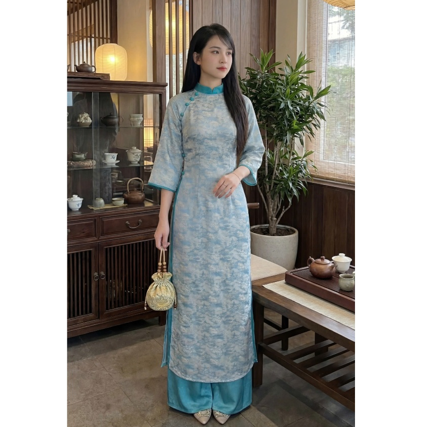 Áo dài cách tân dáng ôm phối cổ cúc tay lỡ lụa gấm phối viền + Quần dài ống rộng mặc đi chơi lễ tết truyền thống T1448G