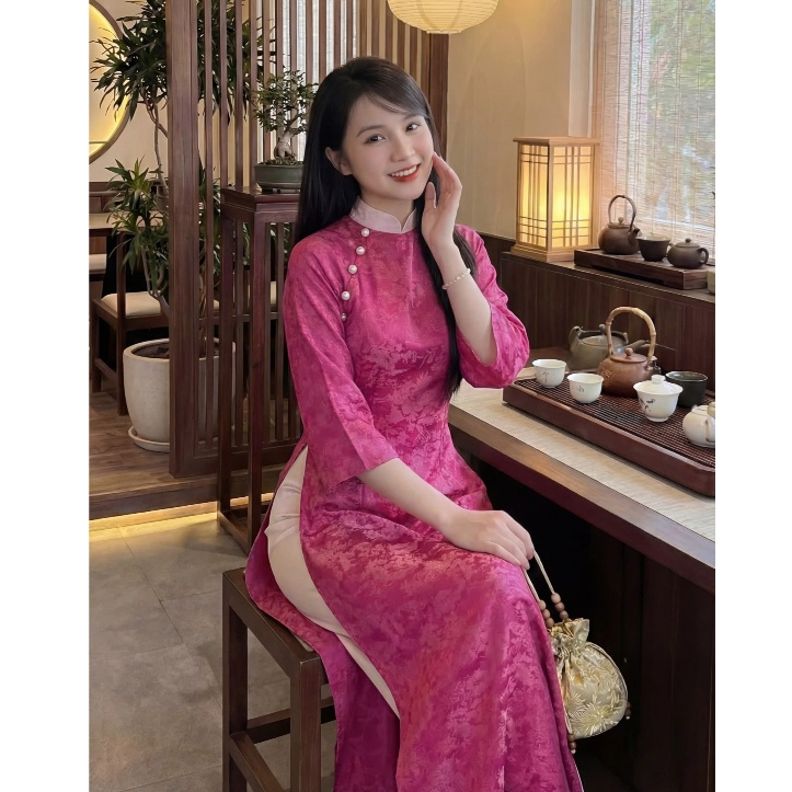 Áo dài cách tân dáng ôm phối cổ cúc tay lỡ lụa gấm phối viền + Quần dài ống rộng mặc đi chơi lễ tết truyền thống T1448G