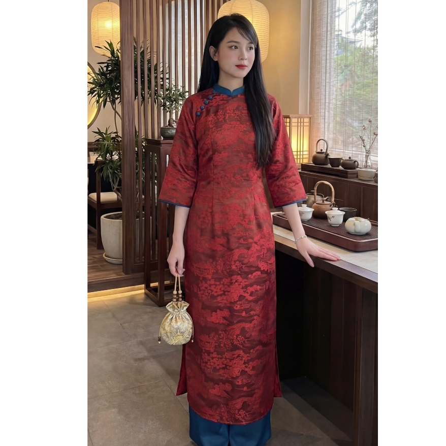 Áo dài cách tân dáng ôm phối cổ cúc tay lỡ lụa gấm phối viền + Quần dài ống rộng mặc đi chơi lễ tết truyền thống T1448G