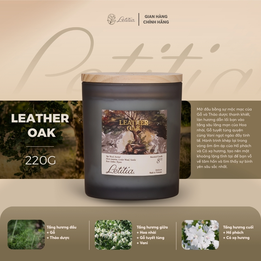 Nến thơm Letitia Cao Cấp Thiên Nhiên Leather Oak Hương Gỗ & Vỏ Cây Trầm Ấm Giúp Thư Giãn, Dễ Ngủ