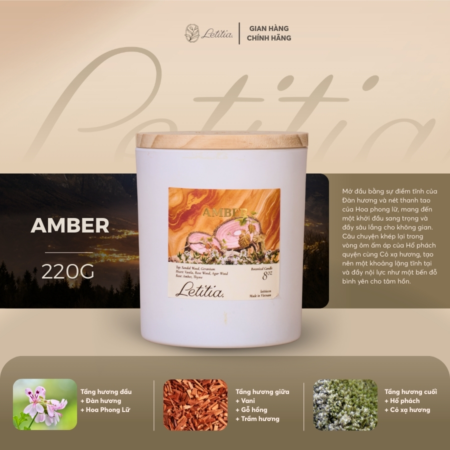 Nến Thơm Letitia Cao Cấp Thiên Nhiên Amber Hương Hổ Phách Giúp Thư Giãn, Ngủ Ngon, làm Quà Tặng