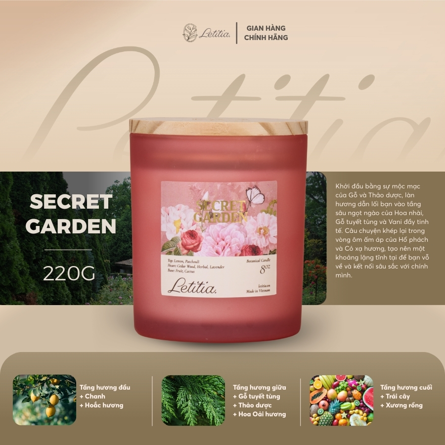 Nến thơm Letitia Cao Cấp Thiên Nhiên Secret Garden Hương Thơm Ngọt Trầm, Giúp Thư Giãn, Dễ Chịu
