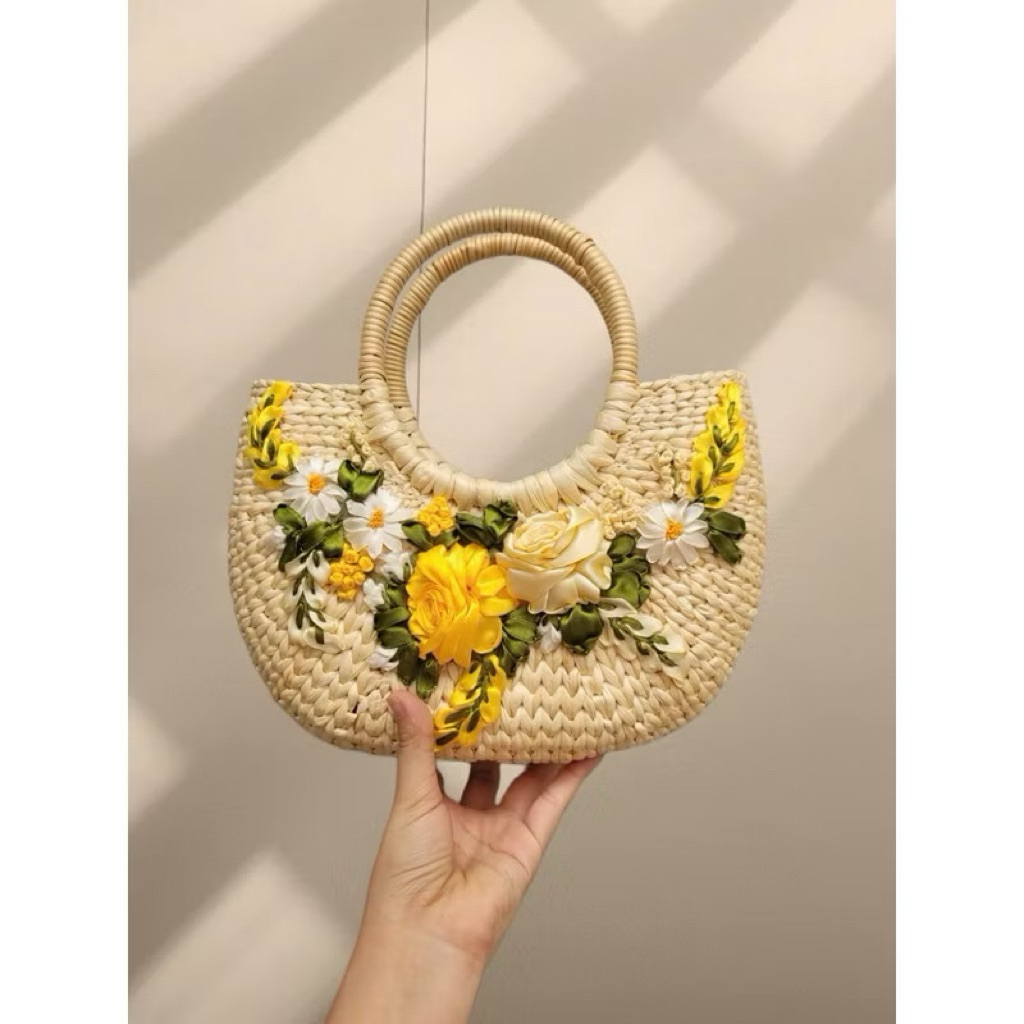 Túi cói lục bình vintage đính hoa ruy băng hàng loại 1