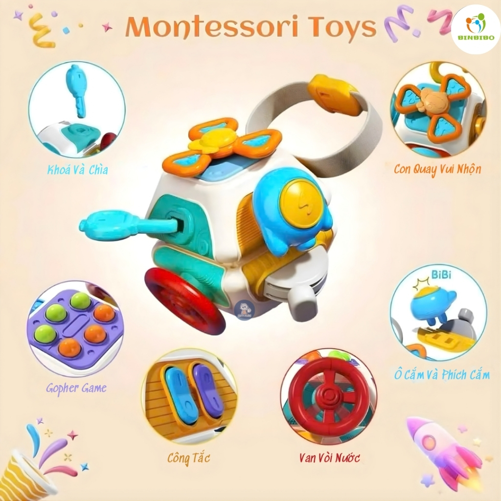 Khối Bận Rộn Montessori 10 Mặt – Đồ Chơi Cầm Tay Khám Phá, Rèn Luyện Kỹ Năng Cho Bé