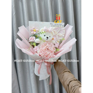Bó Hoa Gấu Bông Hồng Pastel – Hoa Lụa, Quà Sinh Nhật, Tặng Người Yêu, Bé Gái,Qua tang Valentine, 14/2 ( gau ngẫu nhiên)