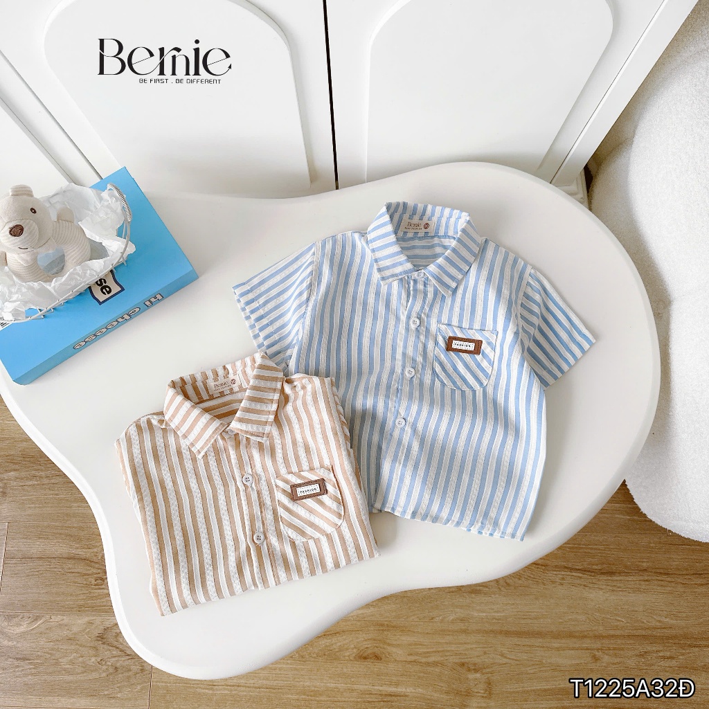 Áo sơ mi kẻ cộc tay bé trai, áo sơ mi cổ đức bổ túi phối tag cá tính, áo sơ mi mềm dễ mặc