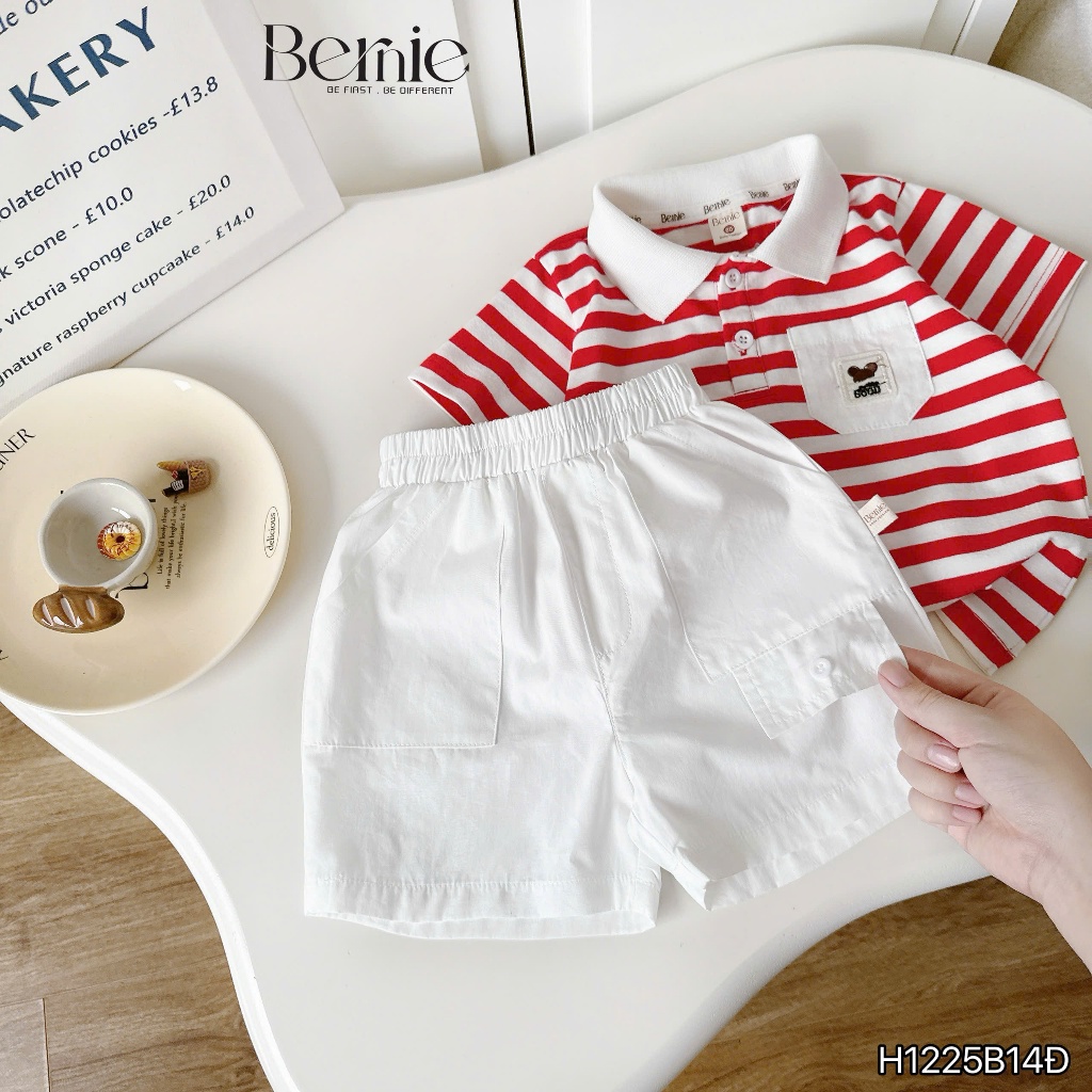 Bộ polo kẻ đỏ tag gấu phối quần kaki, bộ polo cotton vảy sơn sành điệu bé trai H1225b14Đ